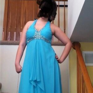 Adrianna Papell Teal Halter Dress with Beaded Embellishment
